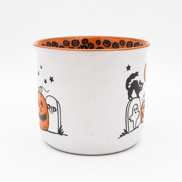 Halloween Pumpkin Mug, 23oz White Ceramic Mug w/ Black Cat Graveyard Design, New - Picture 4 of 10